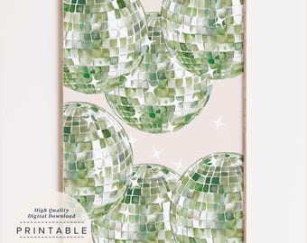 Sage Green Disco Ball Print, Aesthetic 70s Disco Wall Art, Apartment Wall Art, Retro Green Poster, Disco Ball Poster, Green Trendy Wall Art