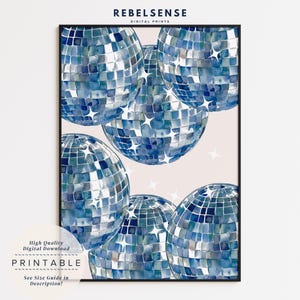 Navy Disco Ball Print, Blau Funky Wohnheim Print, Girly Wandkunst, College Wohnheim Dekor, Wohnung Wandkunst, Dopamin Dekor, Spiegelball Poster