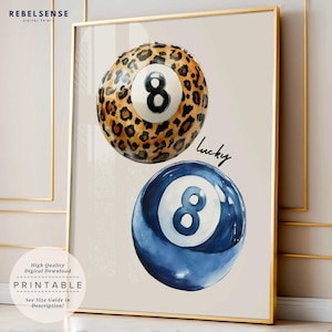 Navy 8 Ball Print, Leopard Print Funky Wandkunst, Lucky You Poster, Dopamin Dekor, Geparden Print, Preppy Poster, Ästhetischer Poster