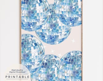 Blue Disco Ball Print, Aesthetic 70s Disco Wall Art, Apartment Wall Art, Retro Blue Poster, Disco Ball Poster, Blue Trendy Wall Art