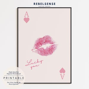 Pink Lips Print, Pink Ace Of Hearts Print, Preppy Poster, Girly Wall Art, Lucky You Print, Aesthetic Room Decor, College Dorm Decor