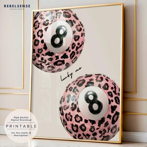Impresión de 8 bolas de billar, arte de pared con estampado de leopardo rosa Lucky You, decoración de dopamina, arte de pared para apartamentos, arte de pared de los años 70, decoración de habitaciones preppy, decoración de dormitorios universitarios