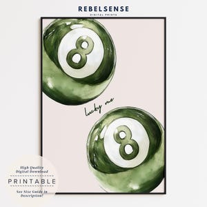 8 Pool Ball Print, Salbeigrün Lucky Me Poster, Apartament Wandkunst, Retro Poster, Maximalist Wandkunst, Preppy Poster, Ästhetisches Poster