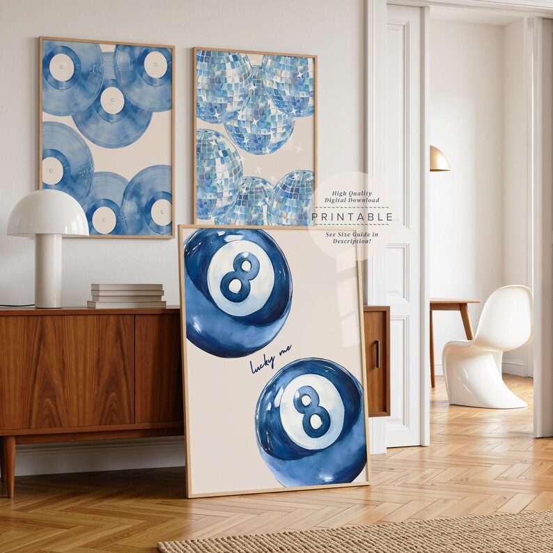Conjunto de láminas retro azul marino claro: Arte mural estilo preppy para dormitorios universitarios (descarga digital) imagen 3