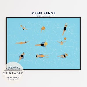 Tiny People Swimming Pool Print, Blue Pool Decor, Printable, Beachy Wall Art, Minimalist Wall Art, Summer Wall Art, Funky Home Decor