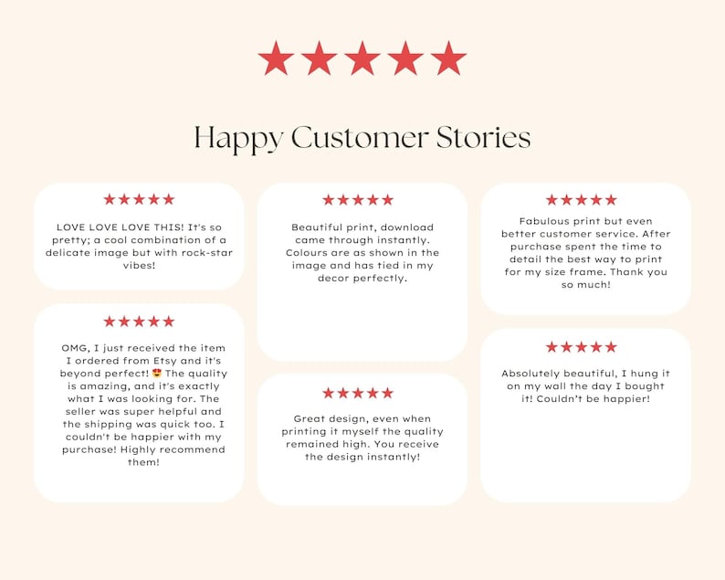 Puede incluir: Cinco rese&ntilde;as de clientes con cinco estrellas cada una. Cada rese&ntilde;a es un testimonio sobre un producto, con texto que describe el producto y la experiencia del cliente. El texto incluye frases como "impresi&oacute;n hermosa", "calidad incre&iacute;ble", "s&uacute;per &uacute;til" y "no podr&iacute;a estar m&aacute;s feliz".
