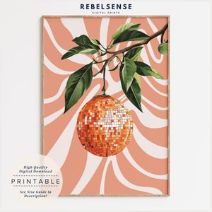 Orange Diskokugel Druck, Dopamin-Dekor, trendiger Obstdruck, Funky Wohnkultur, College-Wohnheimdekor, lustige Wandkunst, Disco Ball Poster, Food Art