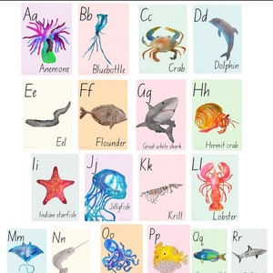 ABC flashcards digital print high quality ocean animal absea flash cards educational gift A-Z alphabet cards classroom nursery print kids