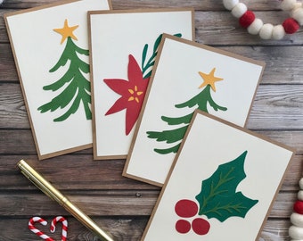 Handmade Christmas Cards Set – Blank Holiday Greeting Cards with Envelopes – Poinsettia, Holly,