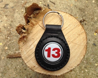 Hophouse 13 Keyring key Fob hand stitched leather with upcycled bottle cap insert