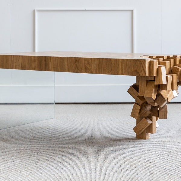 Wood Coffee Table - Unique Coffee Table from Solid Oak - Modern Oak Coffee Table with Glass