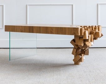 Modern Solid Oak Coffee Table with Glass Leg - Unique Design, Handmade with Quality Craftsmanship