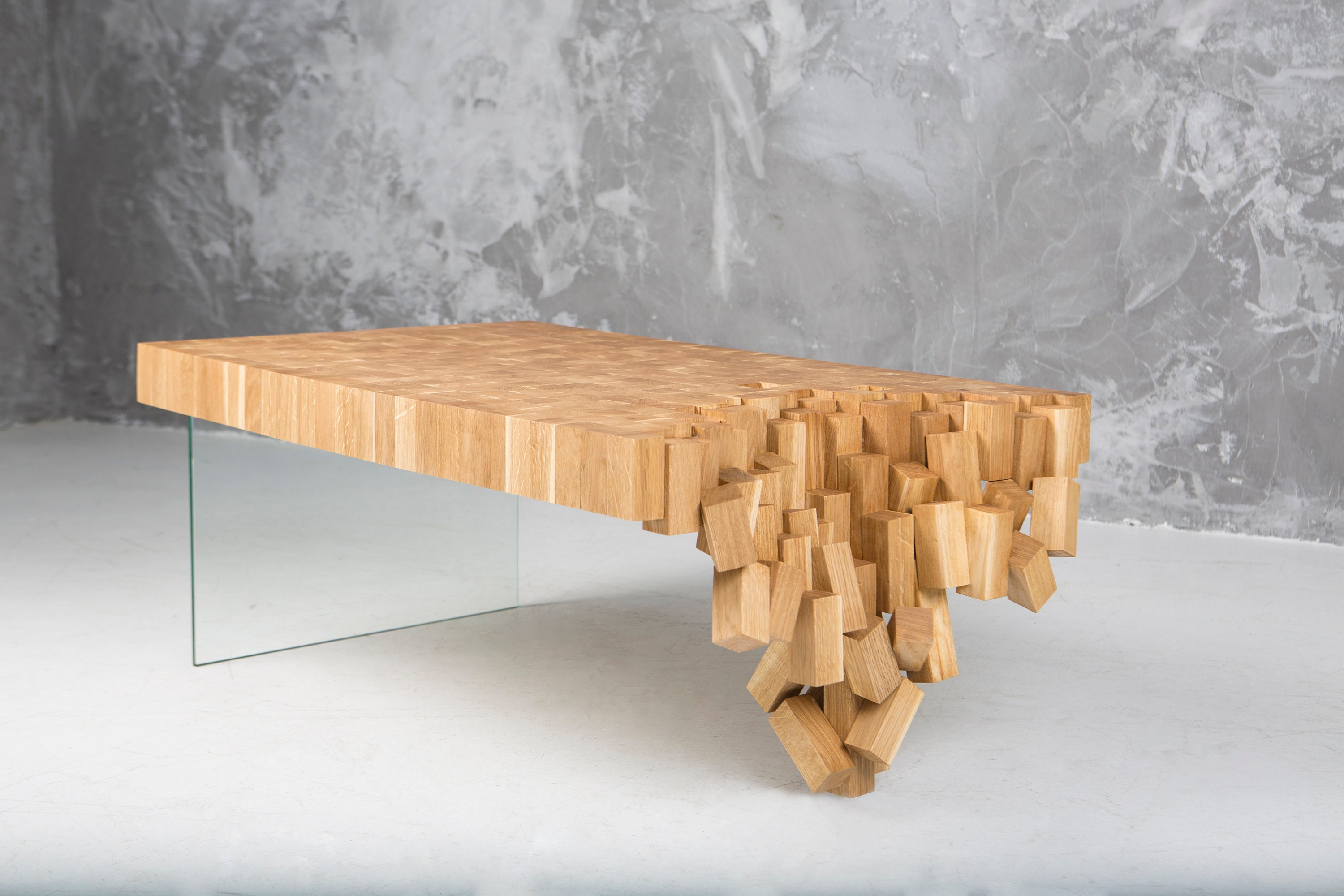 Table Basse en Bois - Table Unique Chêne Massif Moderne avec Verre