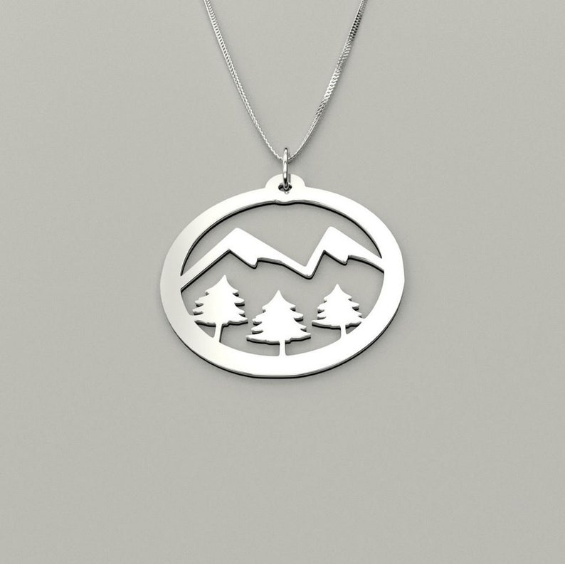 Mountain Peak and Pine Trees Necklace available in 925 Sterling Silver or Silver Plated by JoyfulSilver