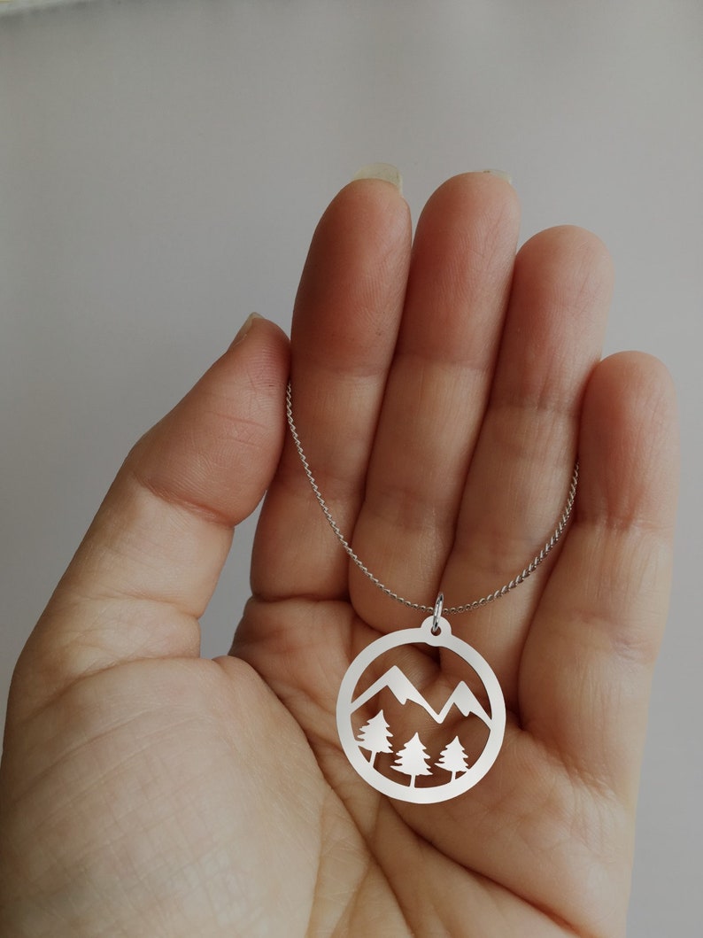 Mountain Peak and Pine Trees Necklace available in 925 Sterling Silver or Silver Plated by JoyfulSilver