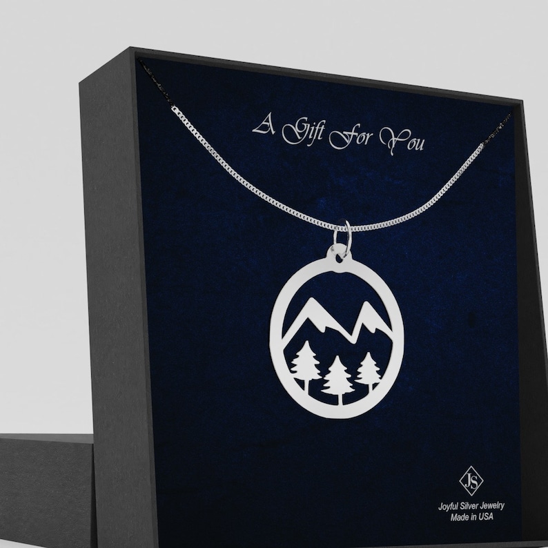 Mountain Peak and Pine Trees Necklace available in 925 Sterling Silver or Silver Plated by JoyfulSilver