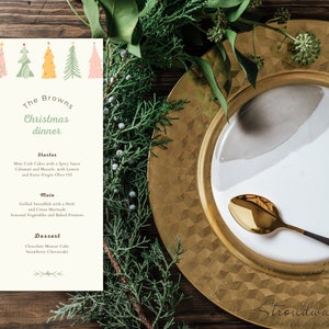 Edytowalny szablon menu kolacji wigilijnej, Pastelowe drukowane menu świąteczne, świąteczne menu kolacji, dekoracje na imprezę bożonarodzeniową, menu wigilijne