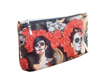 Cosmetic bag tattoo designer fabric gothic, beauty case, pouch, organizer, pencil case