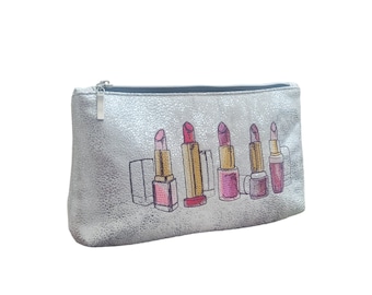 Cosmetic bag made of silver imitation leather, beauty case, pouch, organizer, pencil case