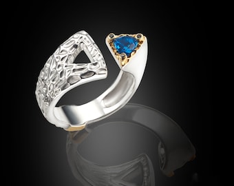 Raw diamond ring with blue topaz , Herkimer diamond ring , Silver midi ring with blue topaz , beonthesea jewelry with black diamonds ring ,