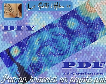 May include: DIY PDF pattern for a peyote stitch bracelet with 11 colors. The bracelet features a blue and white starry night design.