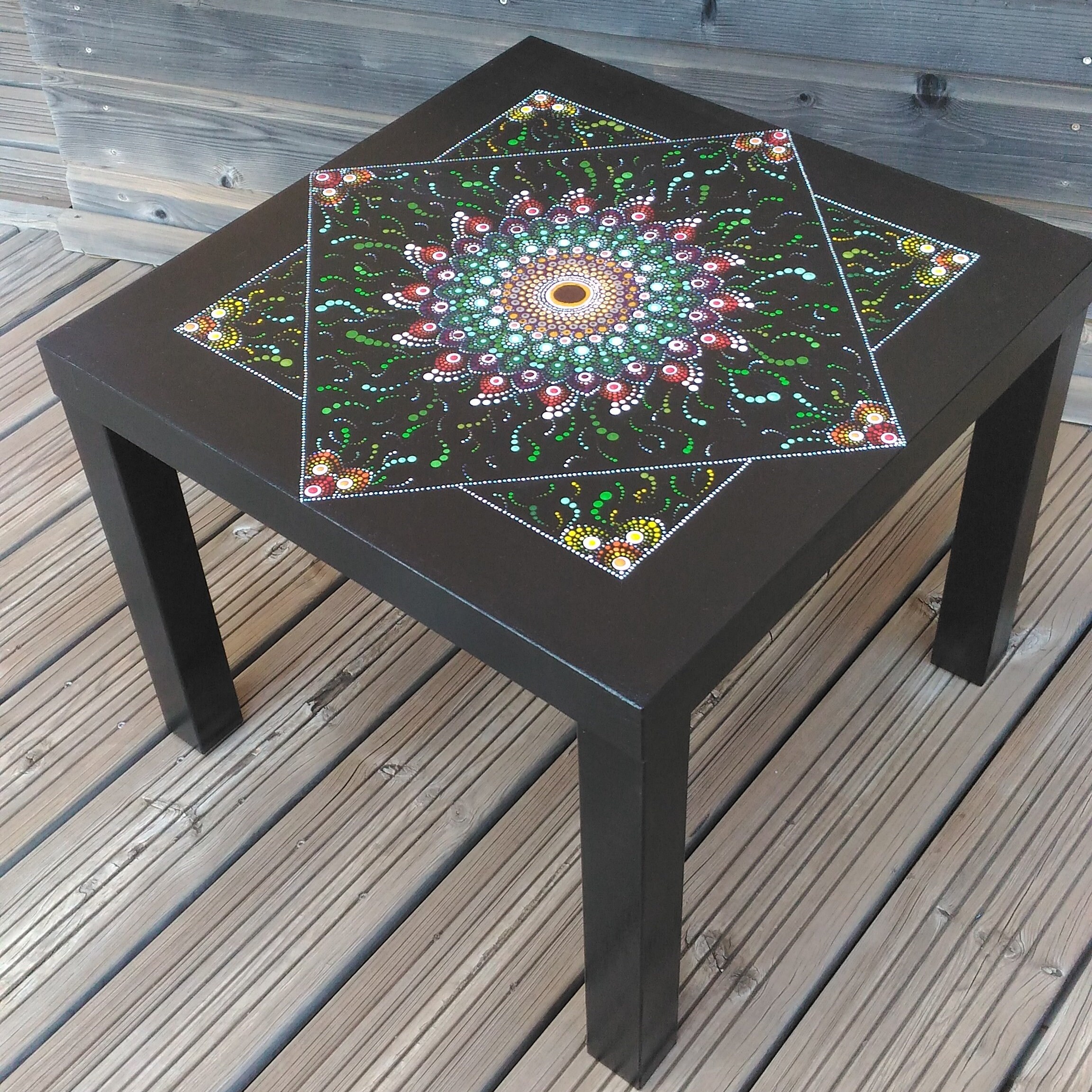 Table Carrée Création Artisanale Peinte à La Main Décor Mandala en Pointillés