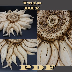 Könnte beinhalten: Nahaufnahme einer Holz-Sonnenblumenskulptur mit einer gebrannten Holzoptik. Die Sonnenblume ist mit filigranen Details geschnitzt und hat eine natürliche Holzfarbe. Die Skulptur ist ein DIY-Projekt und das Bild enthält den Text "Tuto DIY PDF".