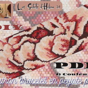 Tutorial and technical drawing of peyote band bracelet pair pattern Peony in macro