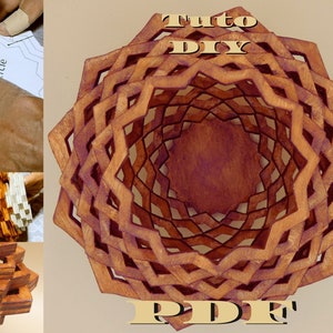 Peut inclure: Un projet de bol en bois DIY avec un tutoriel et des instructions PDF. Le bol est composé de plusieurs couches de bois, créant un motif géométrique. Le bol est teinté d'une couleur brun foncé.