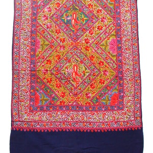 Woolen Shawl Stole Wrap Scarf Hand Embroidered Crochet Hook Kashmir Wool Multi-Color Floral Design All Over Embroidery Blue 29&quot; x 78&quot; inches