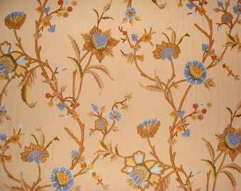 Hand Embroidered Crewel Fabric: Kashmir Wool Floral Cotton Upholstery, Beige