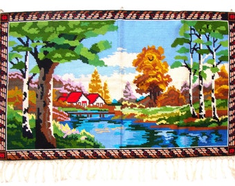 Handwoven Kashmir Wool Tapestry: Multi-Color Village Scenery, 24x40