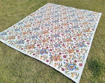Hand Embroidered Kashmir Crewel Bedspread: Queen Size Wool on Cotton