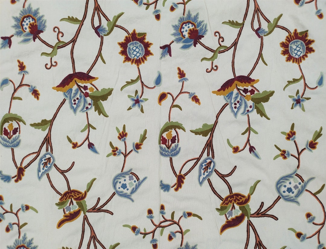 Crewel Fabric Hand Embroidered Kashmir Wool on Cotton Upholstery and