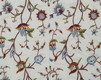 Hand Embroidered Crewel Fabric: Kashmir Wool Floral Upholstery, 52" Wide