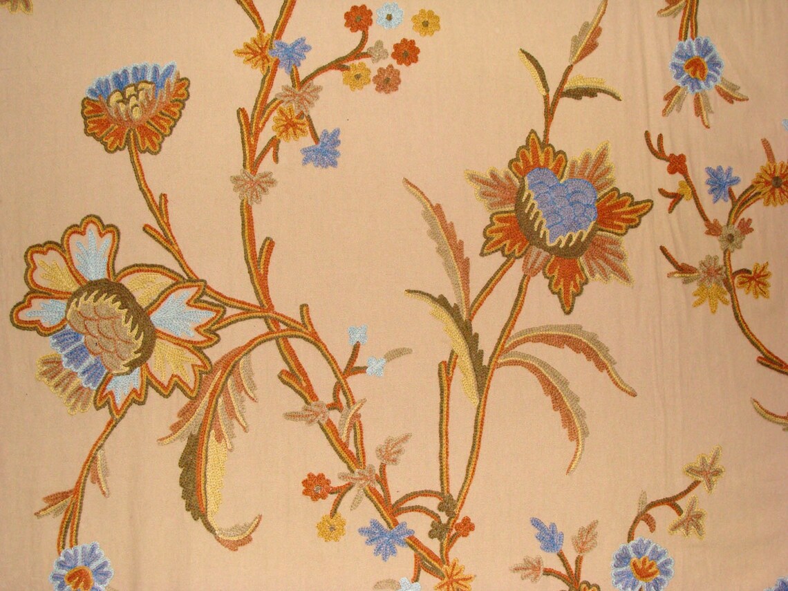 Crewel Fabric Hand Embroidered Kashmir Wool on Cotton Upholstery and