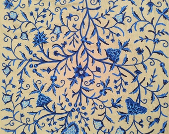 Crewel Embroidered Fabric: Kashmir Wool on Cotton, Floral Upholstery Fabric