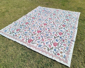 Hand Embroidered Queen Bedspread: Kashmir Crewel Wool on Cotton