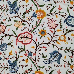 Crewel Fabric Hand Embroidered Kashmir Wool on Cotton Upholstery and Drapery Fabric Multicolour 60&quot; x 1 Yard (By the Yard)