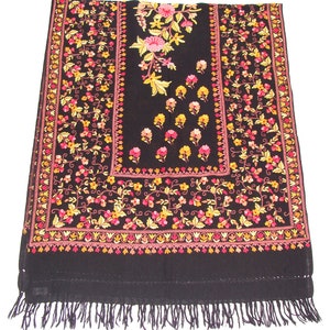 Woolen Shawl Stole Wrap Scarf Hand Embroidered Crochet Hook Kashmir Wool Multicolour Black 29&quot; x 72&quot; inches