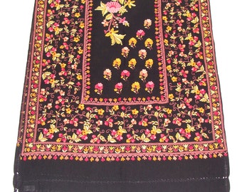 Woolen Shawl Stole Wrap Scarf Hand Embroidered Crochet Hook Kashmir Wool Multicolour Black 29" x 72" inches