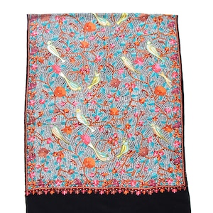 Woolen Shawl Stole Wrap Scarf Hand Embroidered Crochet Hook Kashmir Wool Multi-Color Bird Design All Over Embroidery Black 28&quot; x 80&quot; inches