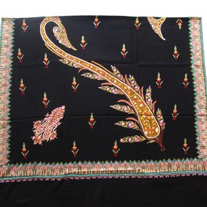 Woolen Shawl Stole Wrap Scarf Hand Embroidered Crochet Hook Kashmir Wool Multi-Color Paisley Design Embroidery Black 41&quot; x 80&quot; inches