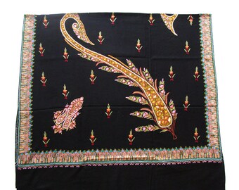 Hand Embroidered Kashmir Wool Shawl: Black Paisley Stole Wrap