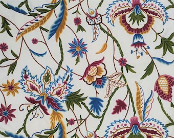 Hand Embroidered Kashmir Wool Crewel Fabric: Multicolored Floral Upholstery, 52" Wide
