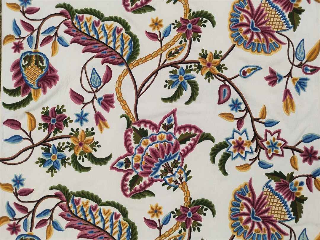 Crewel Fabric Hand Embroidered Kashmir Wool on Cotton Upholstery and