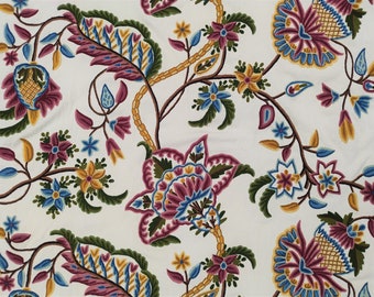 Hand Embroidered Floral Fabric: Kashmir Wool Crewel on Cotton, Multicolour