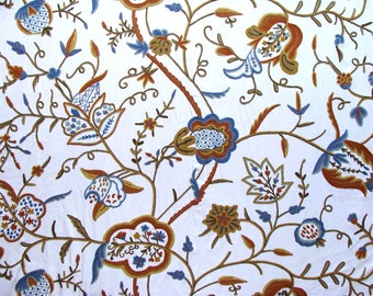 Hand Embroidered Crewel Fabric: Kashmir Wool Floral Upholstery, 60" Wide