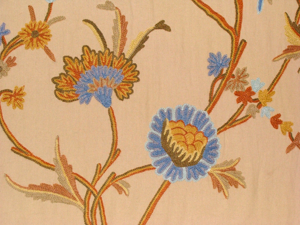 Crewel Fabric Hand Embroidered Kashmir Wool on Cotton Upholstery and