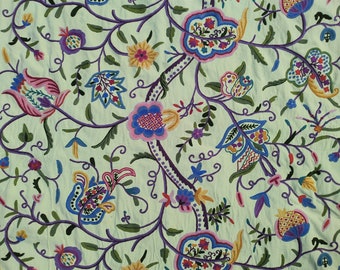 Hand Embroidered Kashmir Wool Fabric, Multicolour Floral Cotton Upholstery, 60" Wide